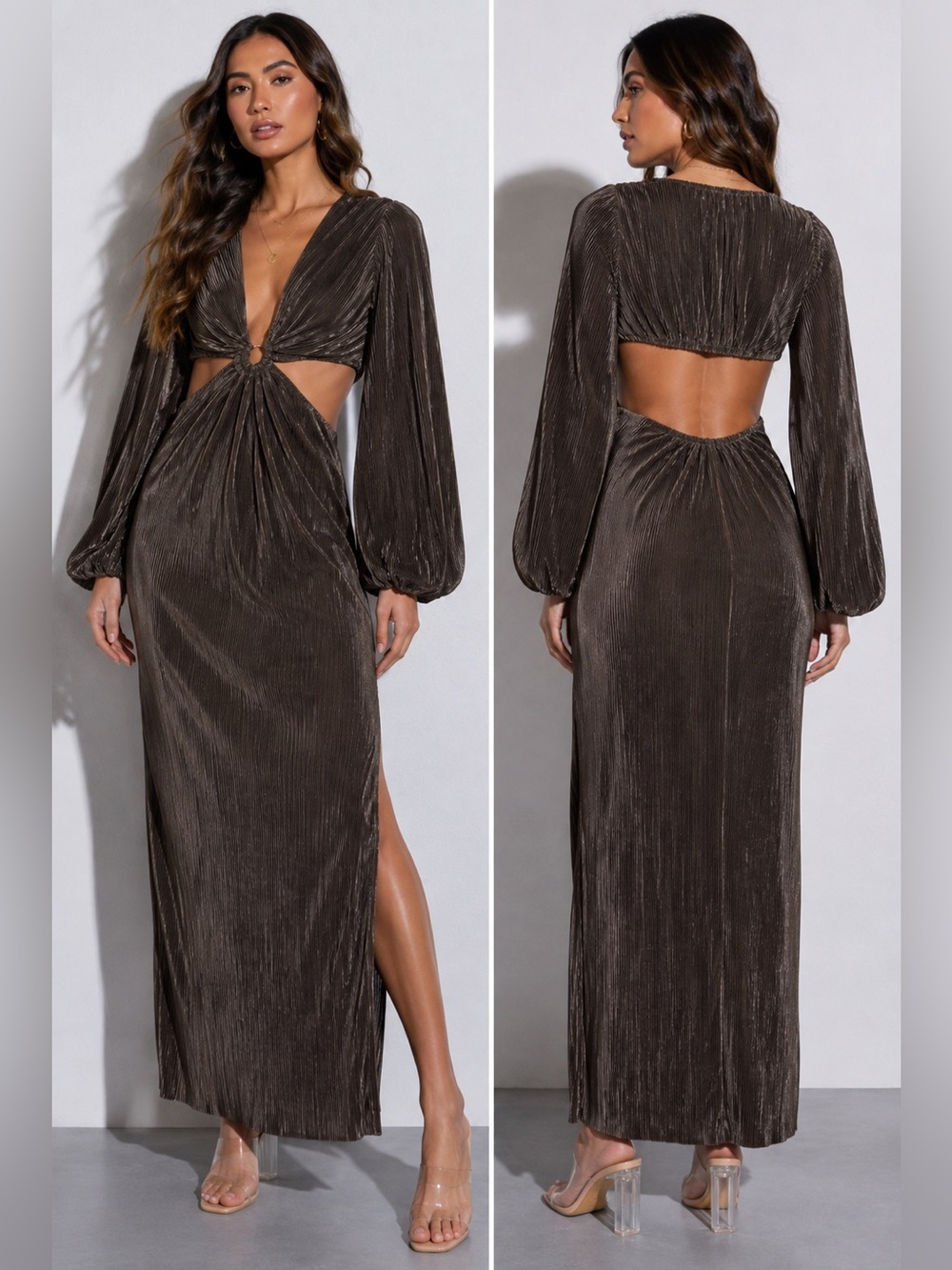 Mable Metallic Pleated Long Sleeve Side Cutout Waist Maxi Dress Size S
